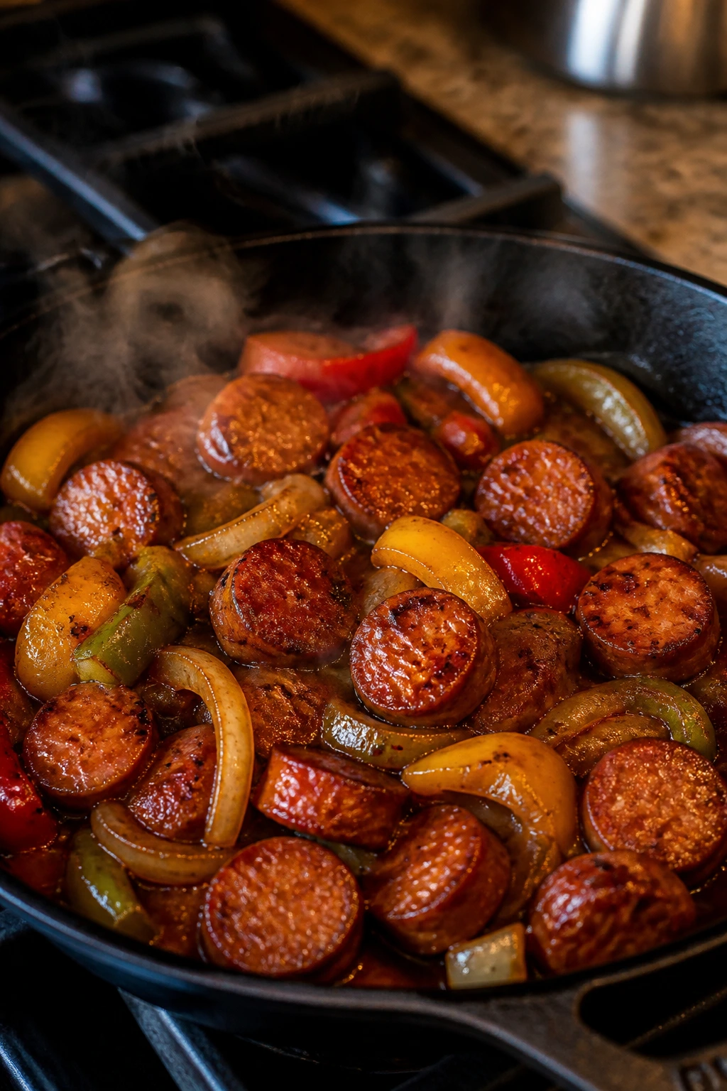 Close-up of browned sausage with onions and peppers in glossy brown sugar glaze in a skillet