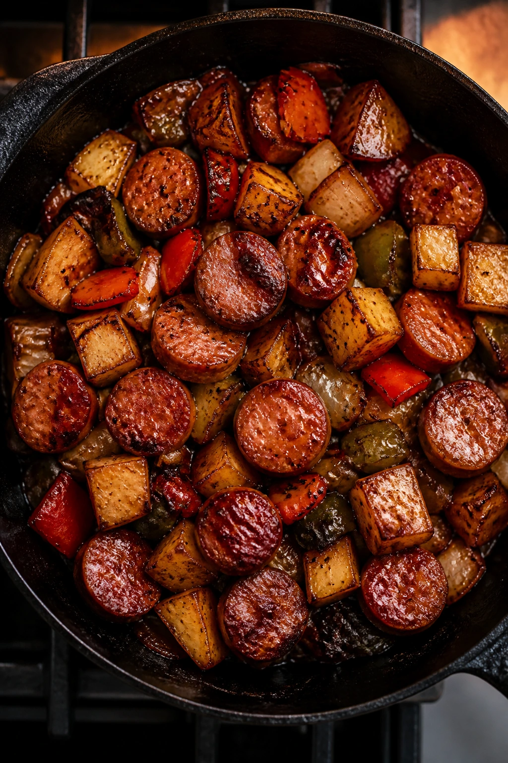 Top-down view of a cast-iron skillet filled with smoky sausage, potatoes, onions, peppers, and glossy glaze