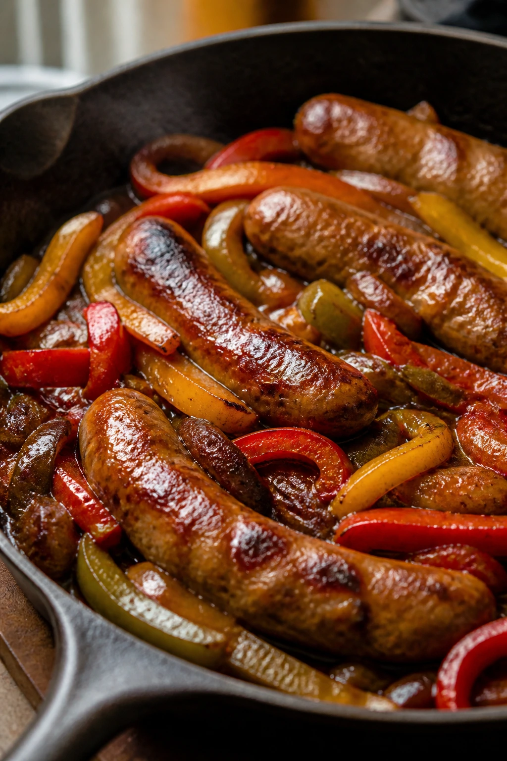 Close-up of a skillet with sausage, peppers, and glaze on a stove