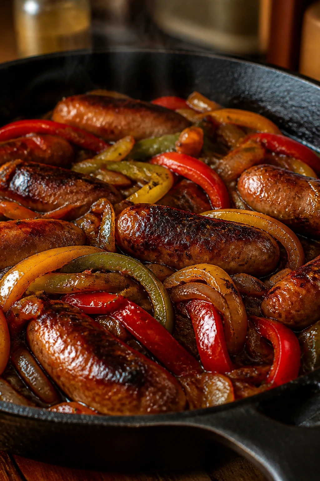 Caramelized sausage and peppers with glossy glaze in a skillet