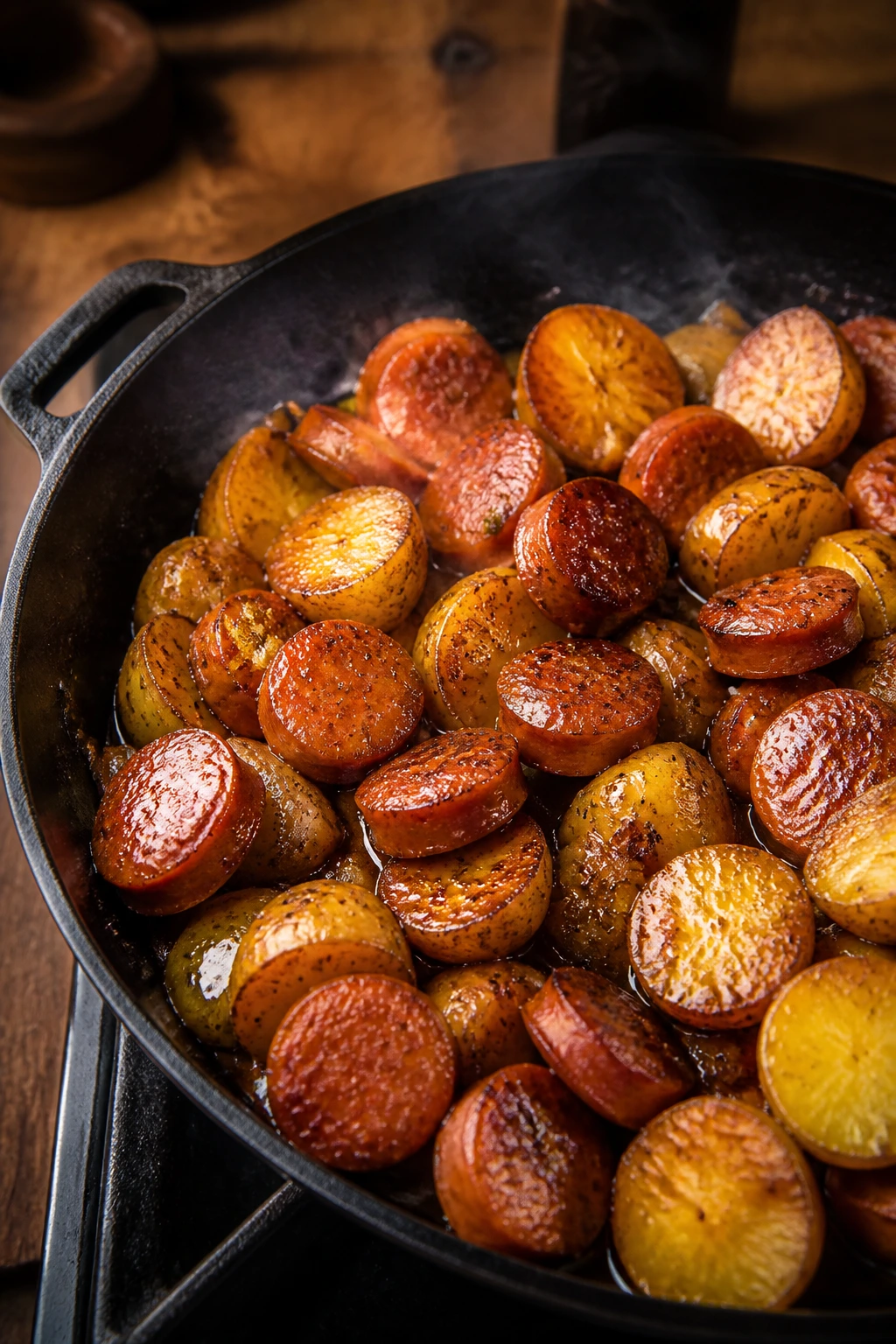 Close-up of a skillet with browned sausage and potatoes in a caramel glaze