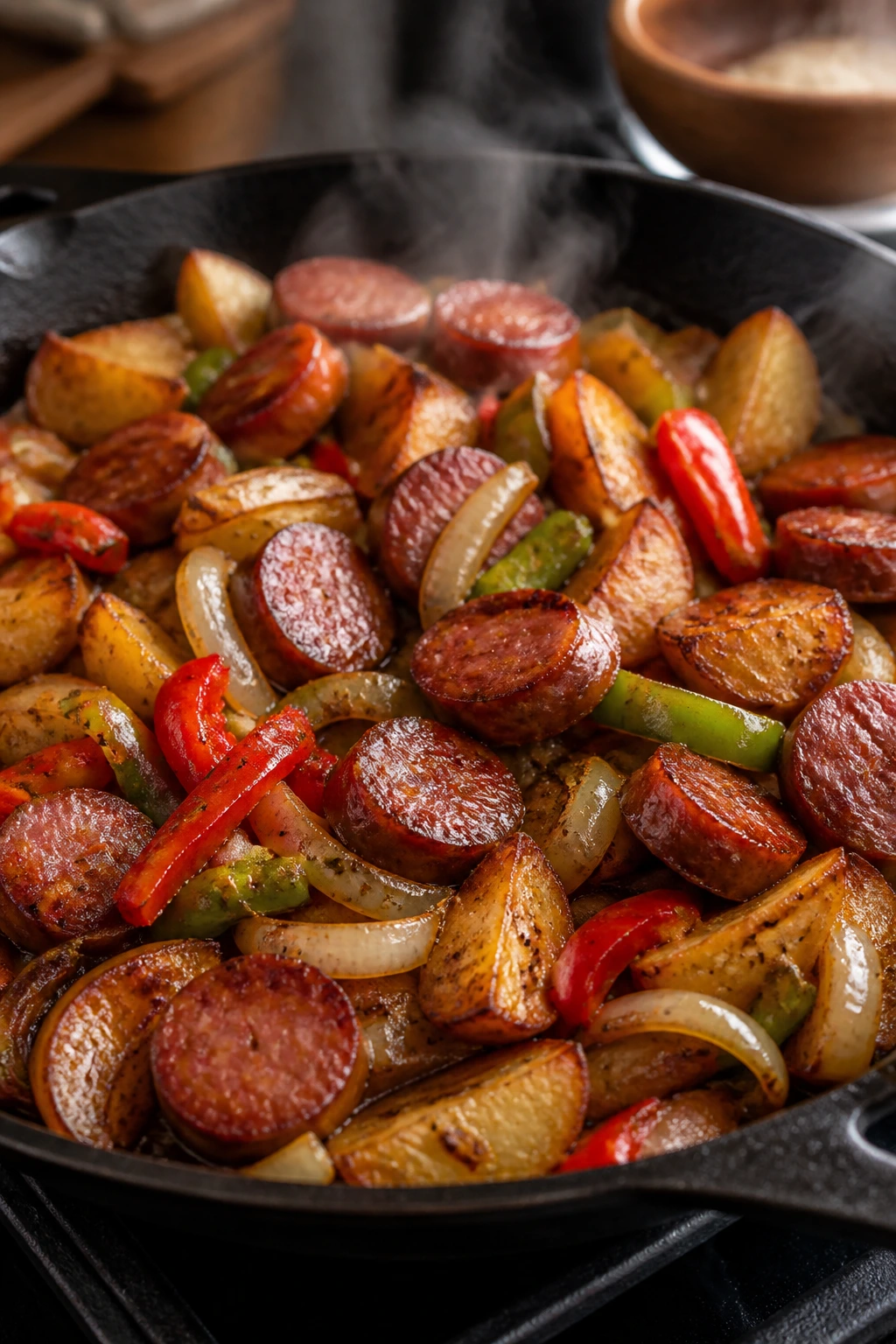 Crispy sausage skillet with potatoes and peppers in a warm kitchen
