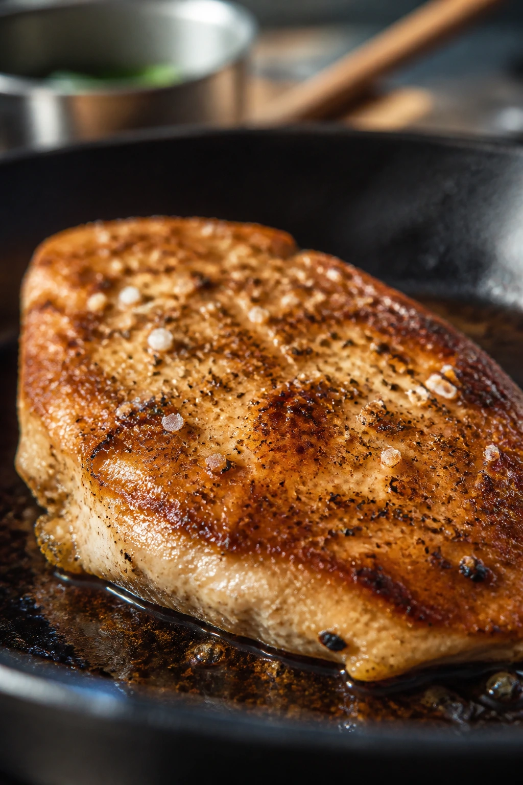 Skillet-seared chicken breast with a golden crust filling the frame