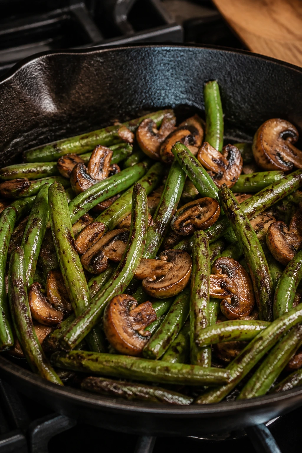 Green beans and mushrooms seared in a hot skillet