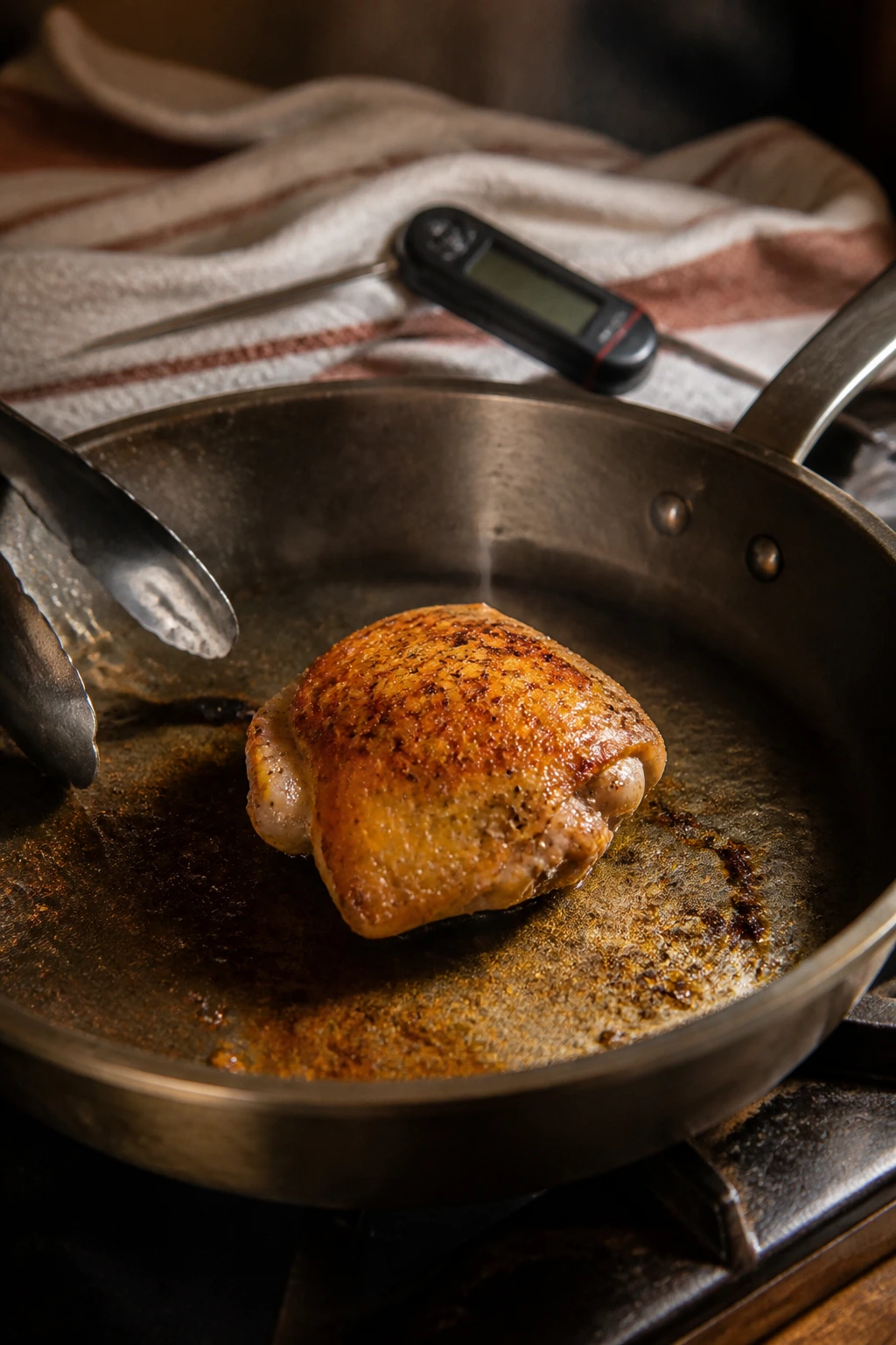 Searing chicken thigh in a large skillet with sear marks