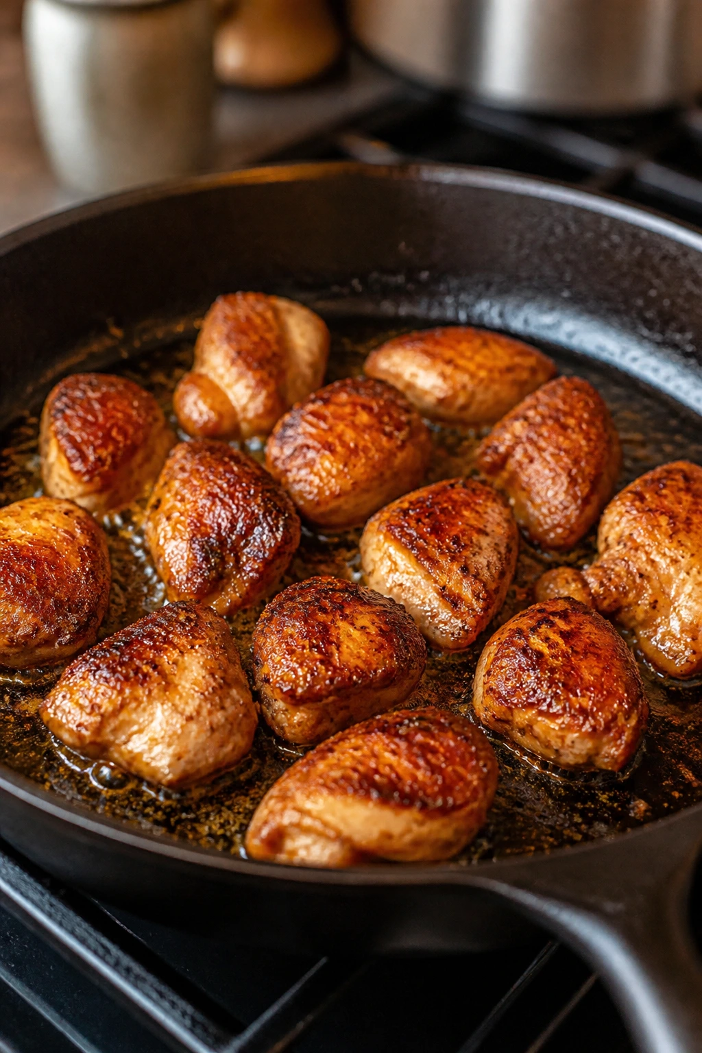 Skillet with browned chicken searing in oil on stove