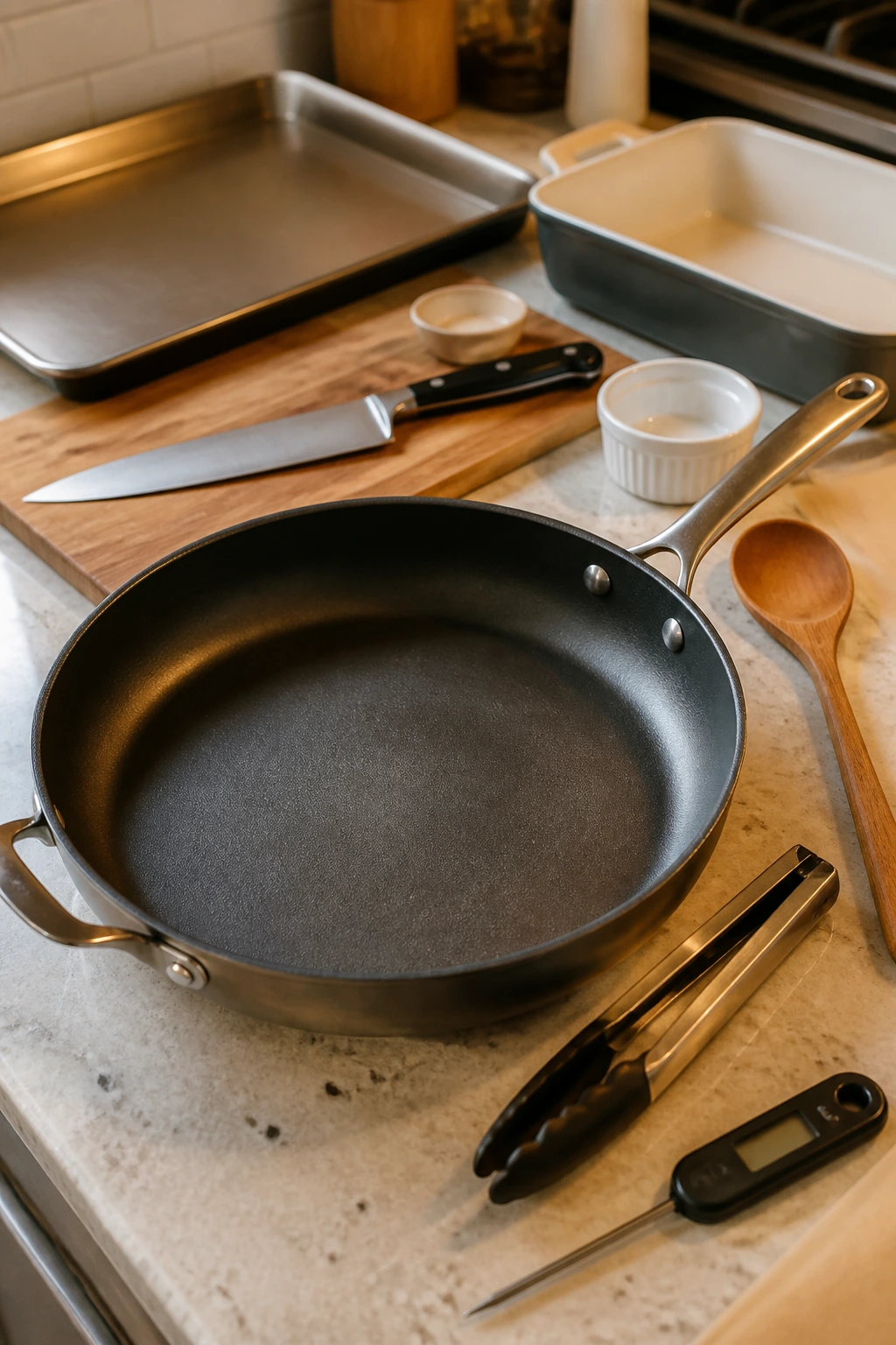 Close-up of essential weeknight cooking tools on a counter with a skillet as the focal point.