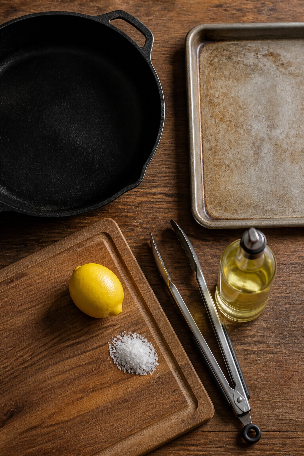 Top-down still life of essential tools and staples for chicken on a wooden counter