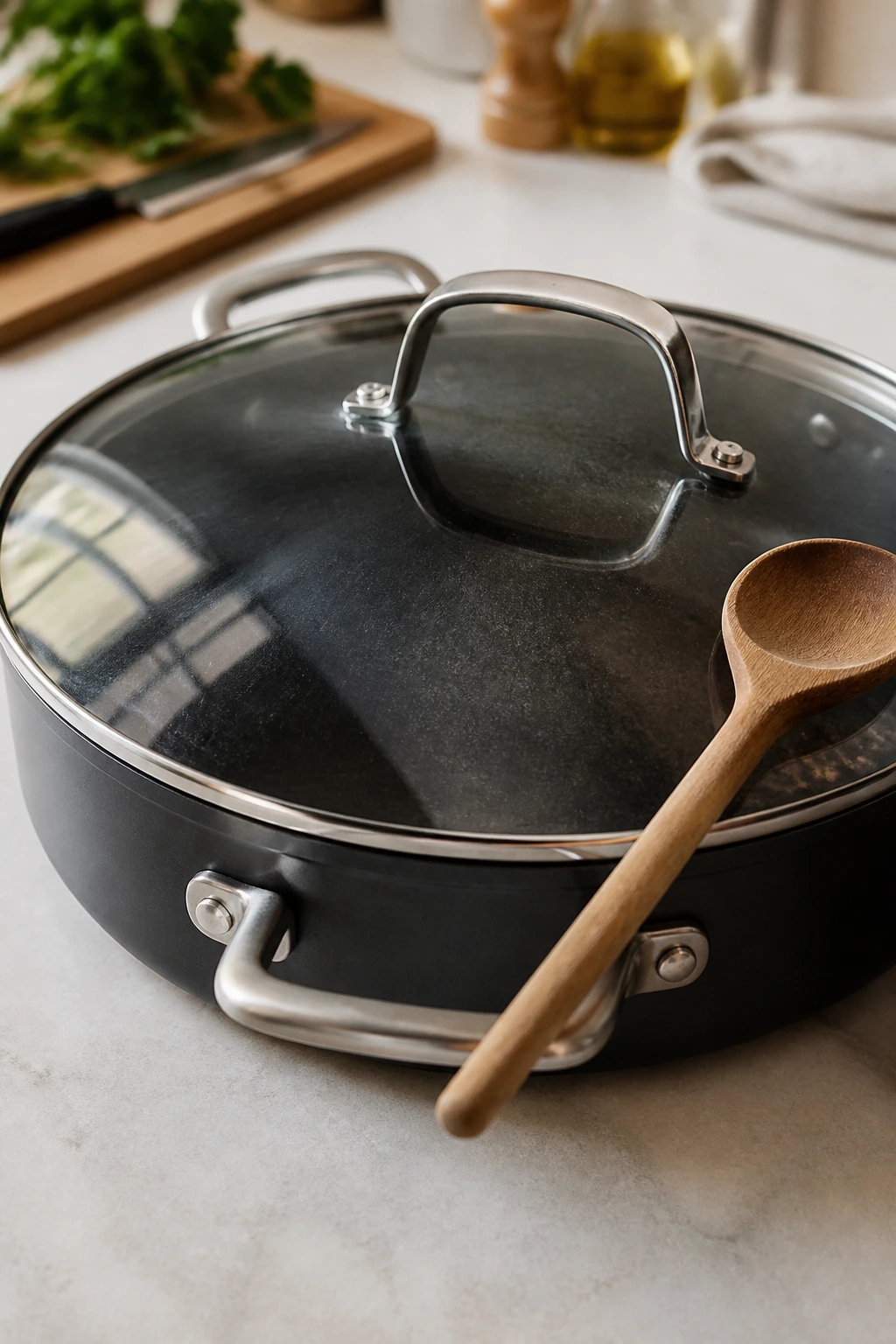 Deep skillet with lid and wooden spoon on kitchen counter
