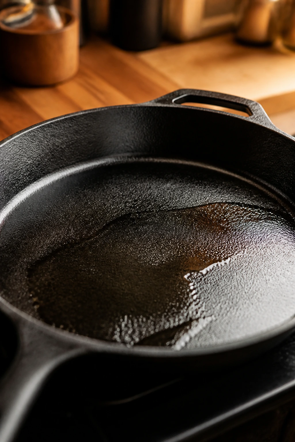 Close-up of a cast-iron skillet dominating the frame