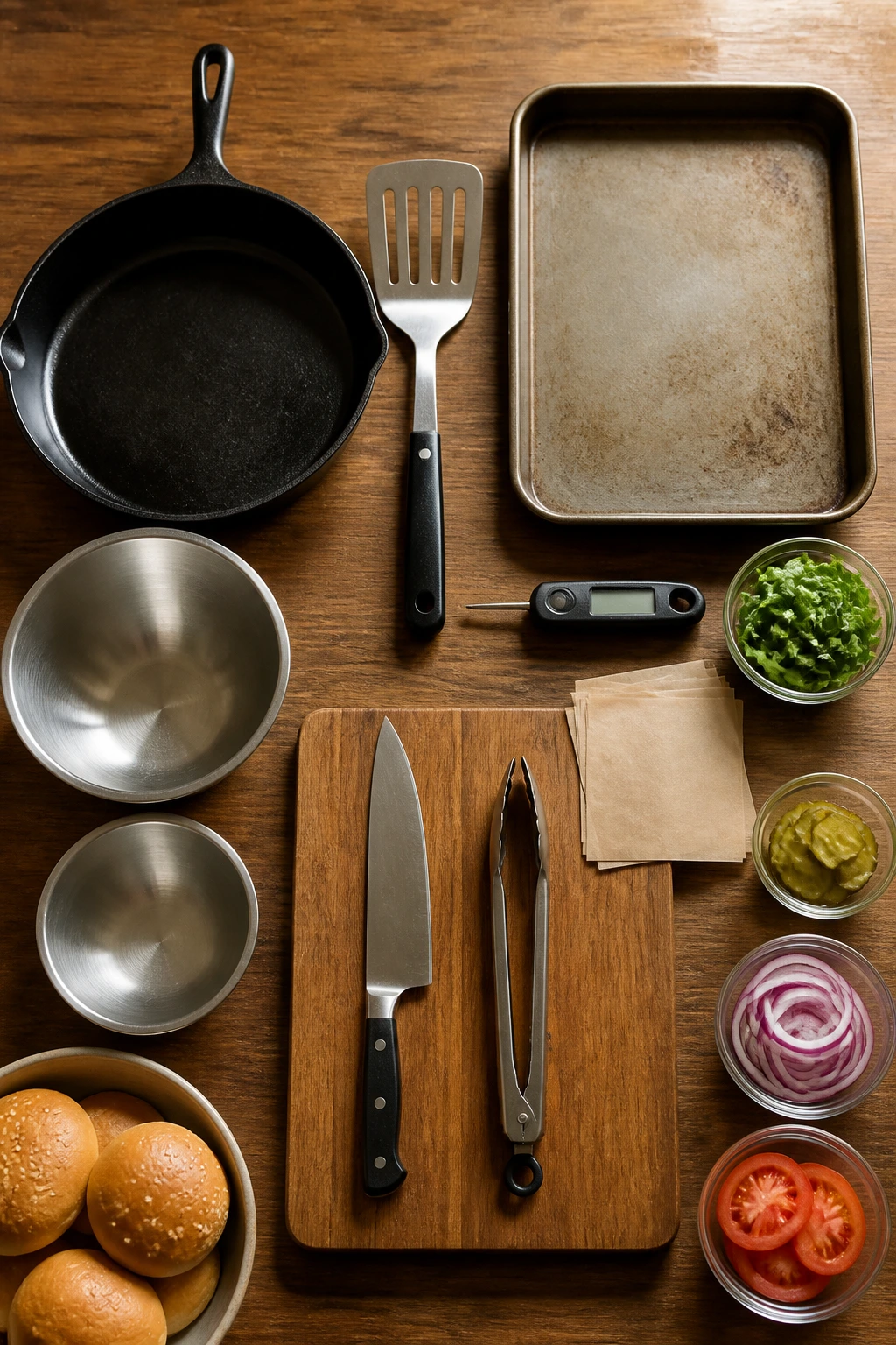 Kitchen tools for burger night such as skillet, spatula, thermometer and bowls