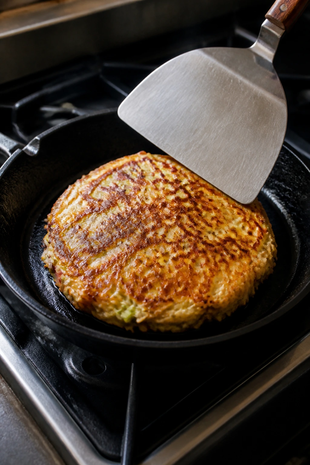 Spatula over sizzling pancake in cast iron skillet