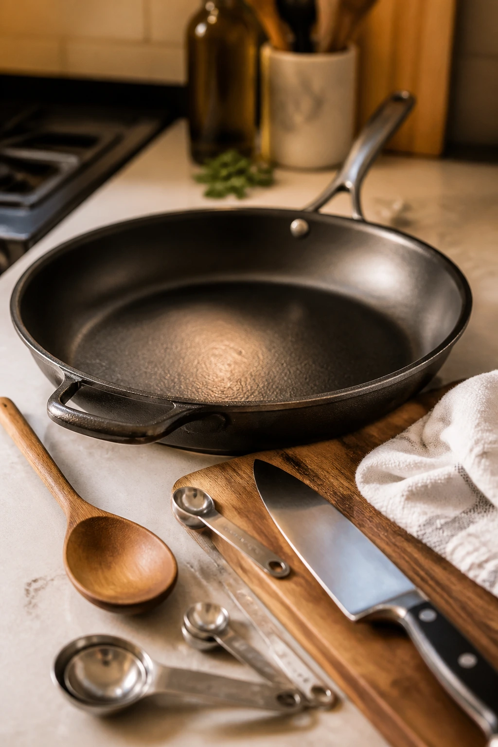 Close-up of skillet and cooking tools used for creamy buffalo chicken
