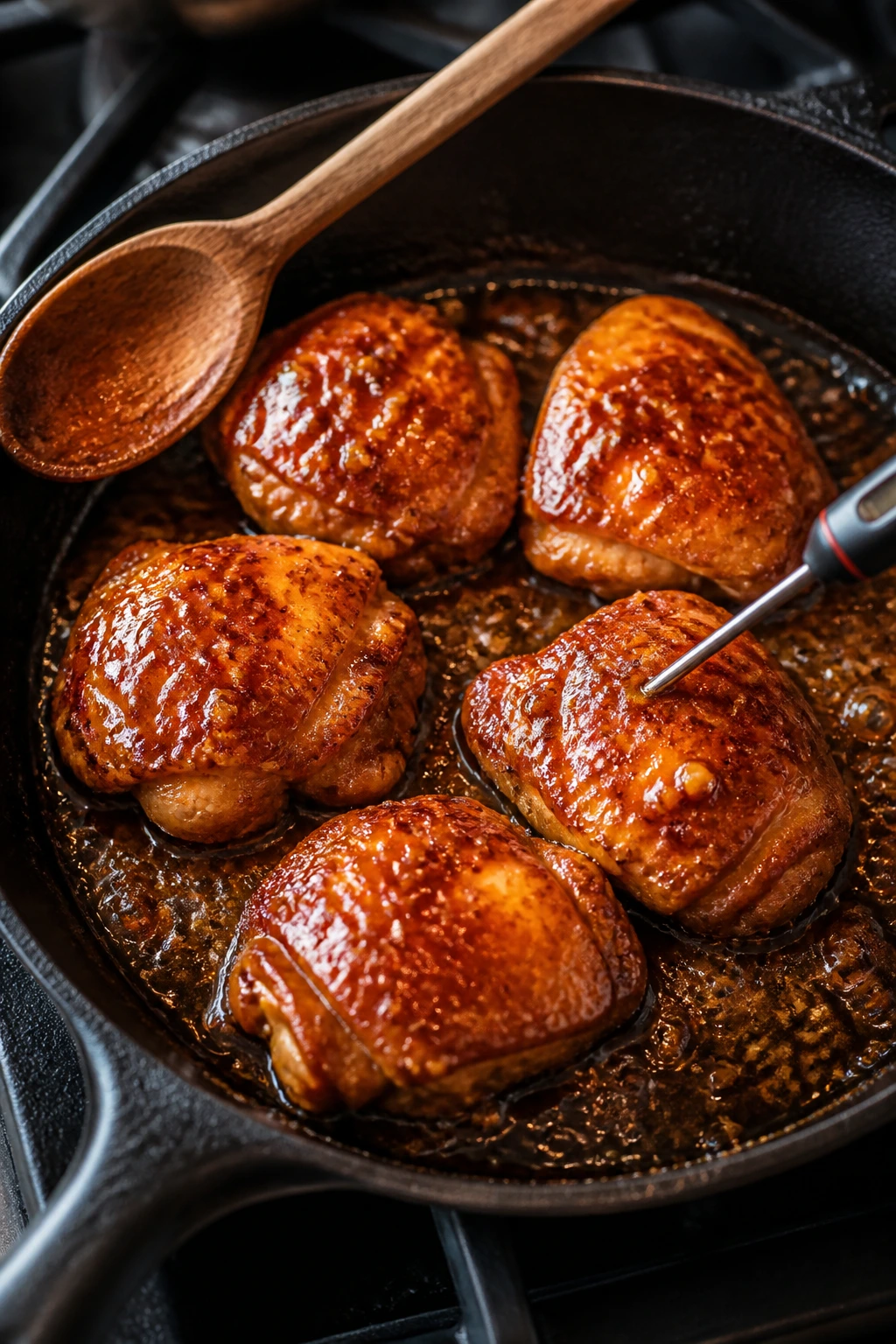 Skillet with chicken, wooden spoon, and thermometer in the meat
