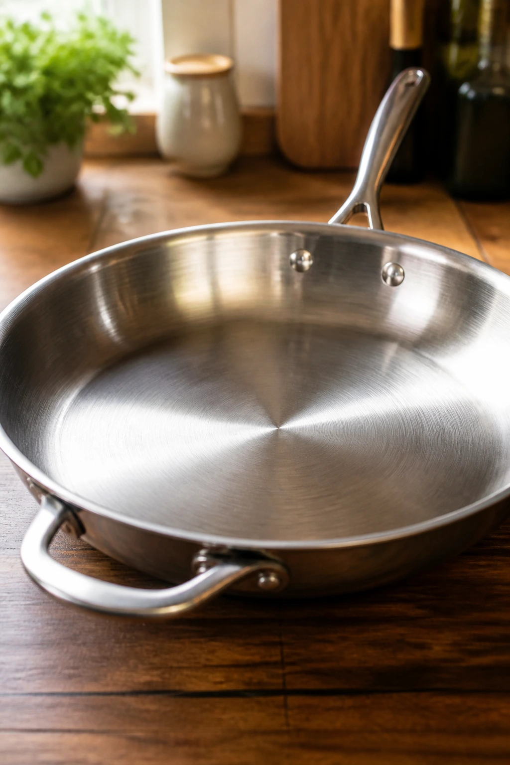 Close-up of a 12-inch stainless skillet in a cozy kitchen