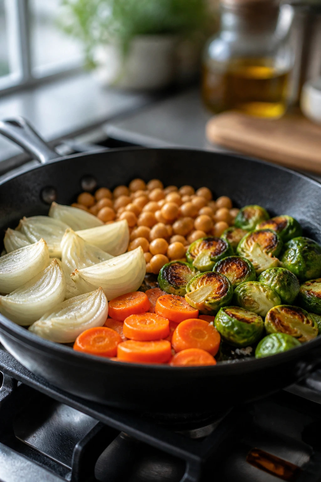 Skillet on stove with prepped vegetables ready to brown