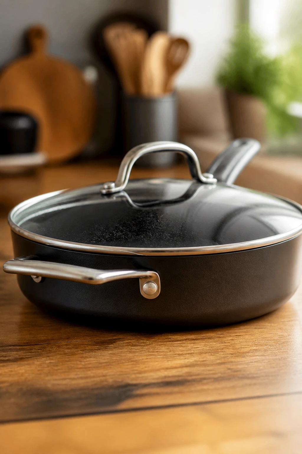 Large skillet with lid on a wooden counter