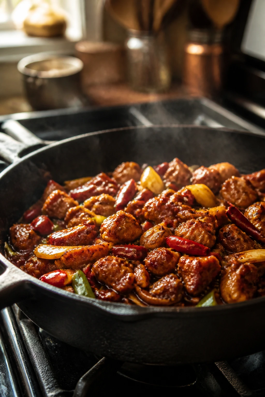 Close-up of a cast-iron skillet on a stove with warm kitchen background