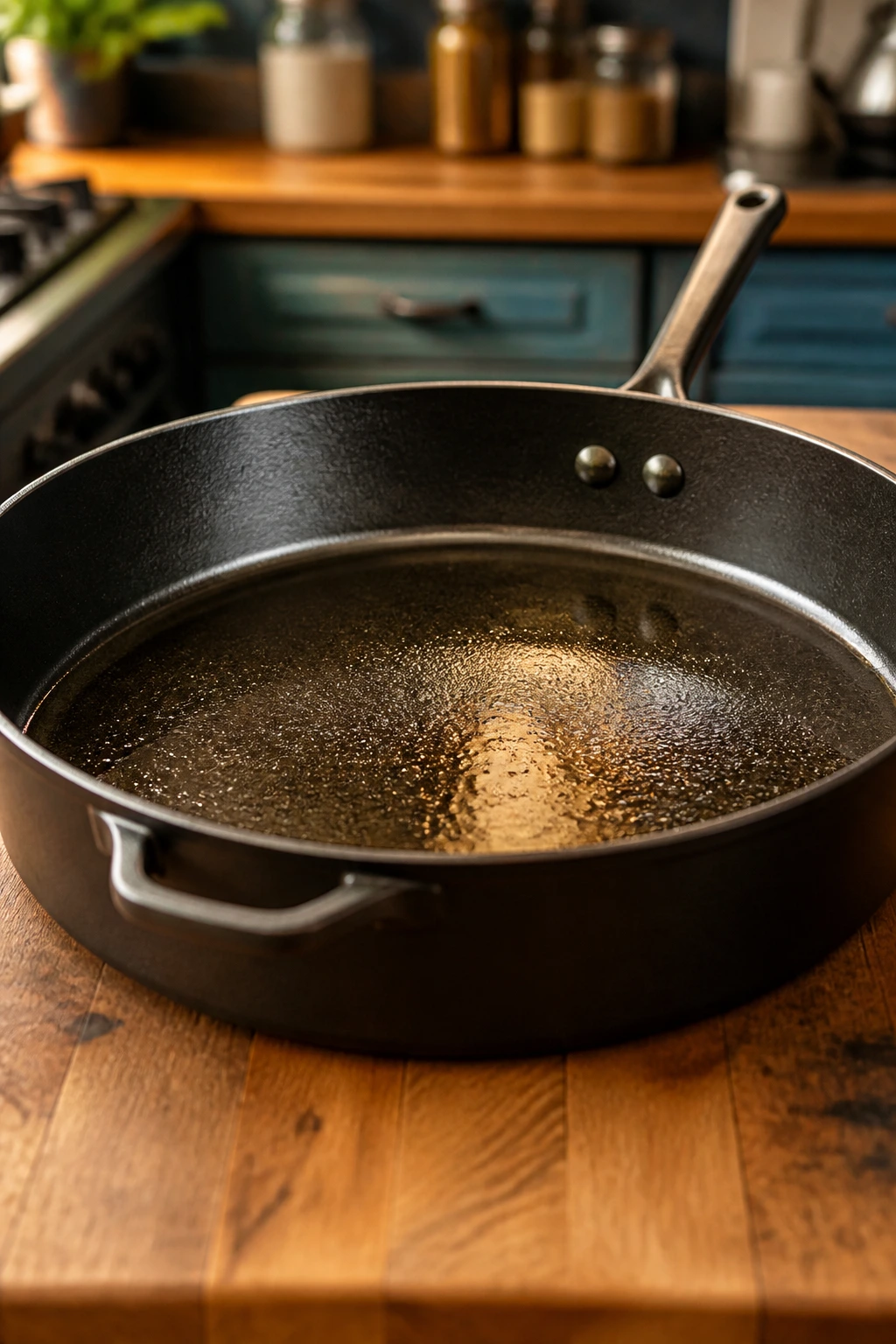 Close-up of a 12-inch straight-sided skillet on a kitchen counter