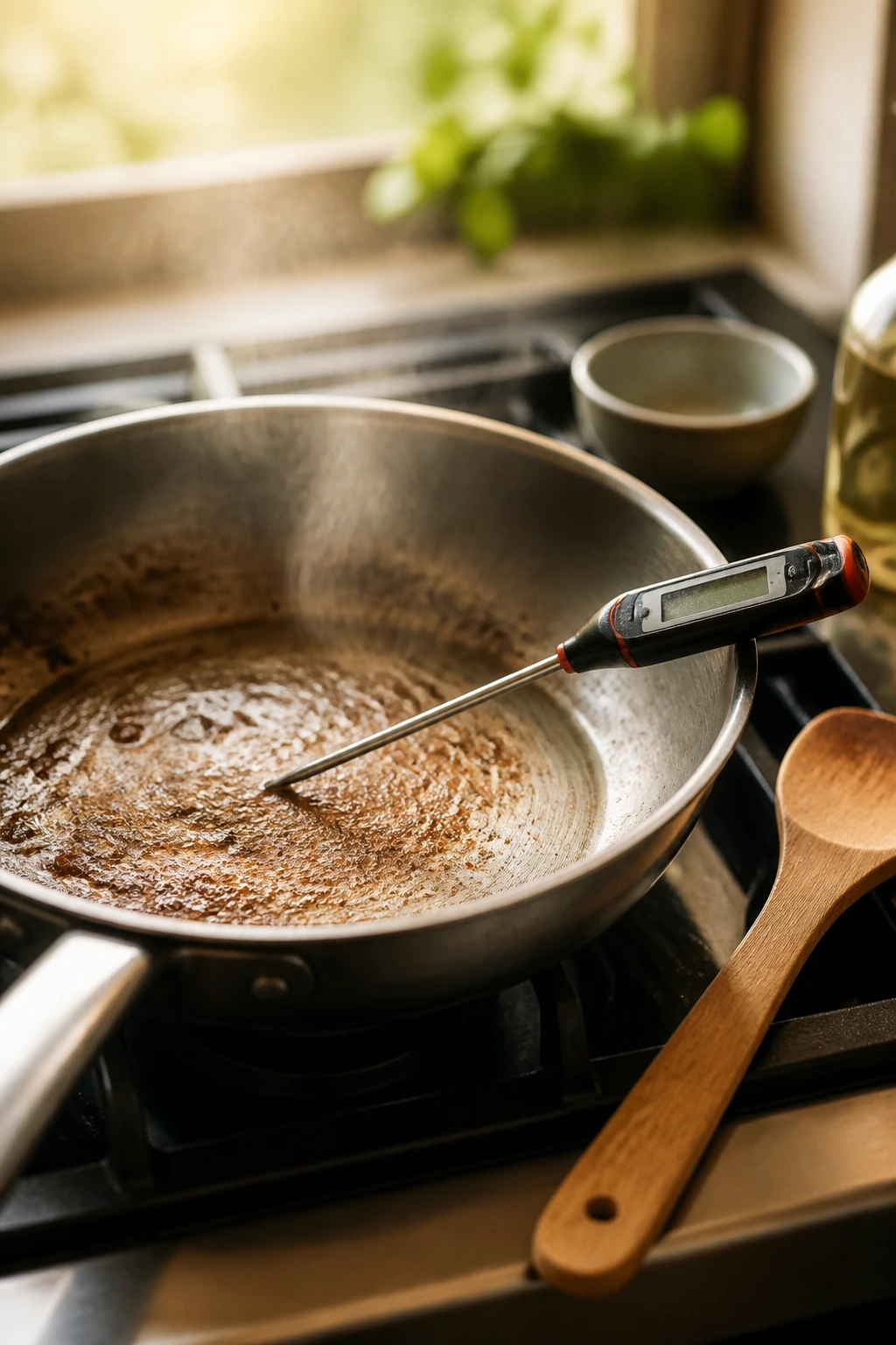 12-inch skillet with thermometer and spatula on stove