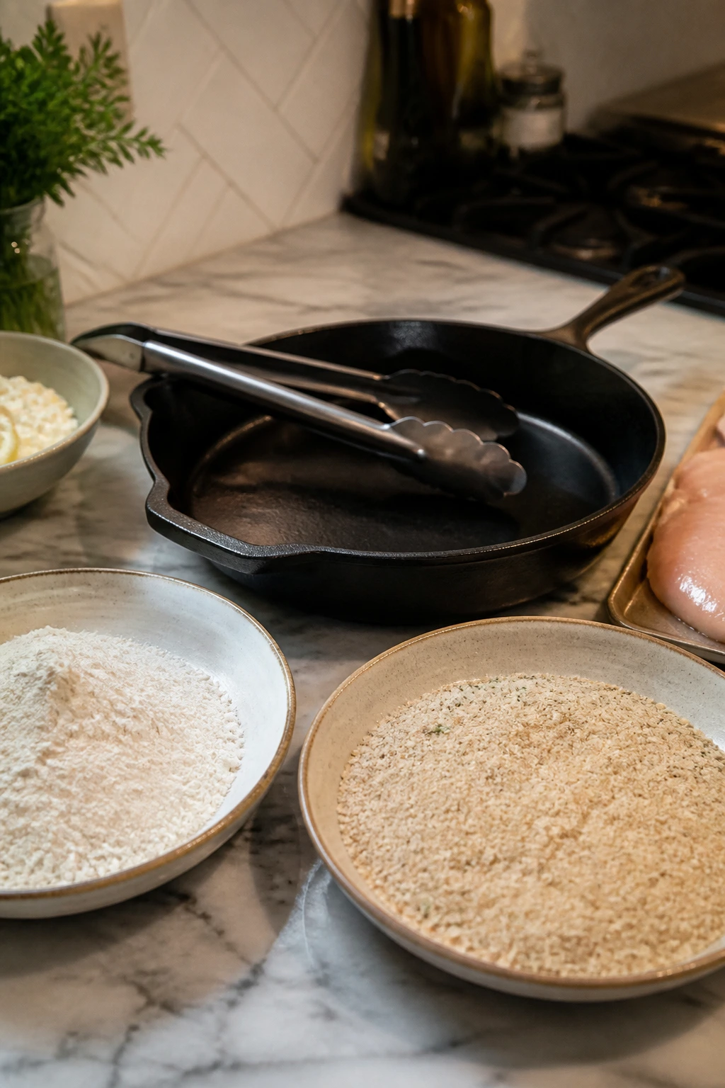 Skillet and breading dishes on counter ready for breading