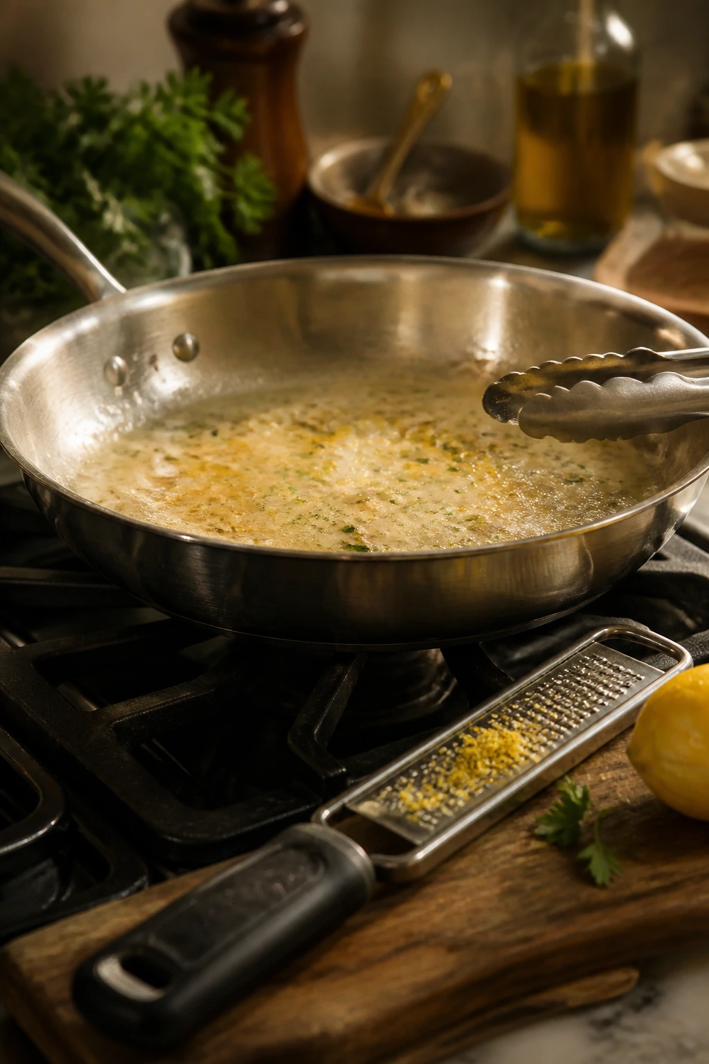 Stainless skillet with tongs and microplane in a cozy kitchen.