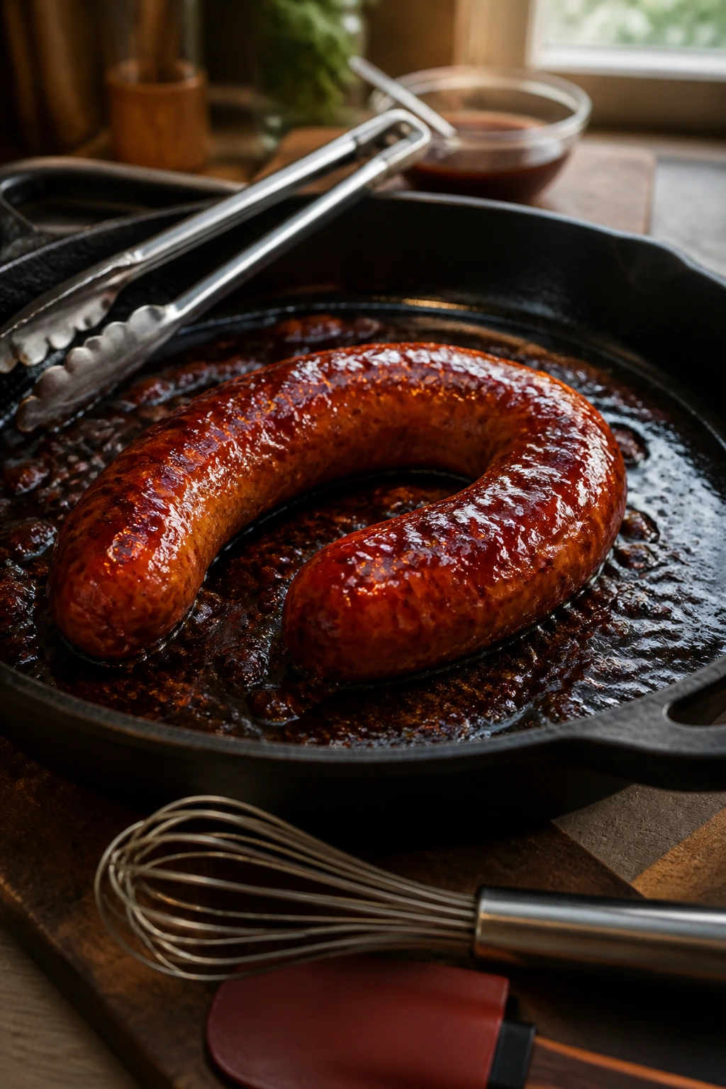 Cast-iron skillet with sausage and cooking tools in a warm kitchen