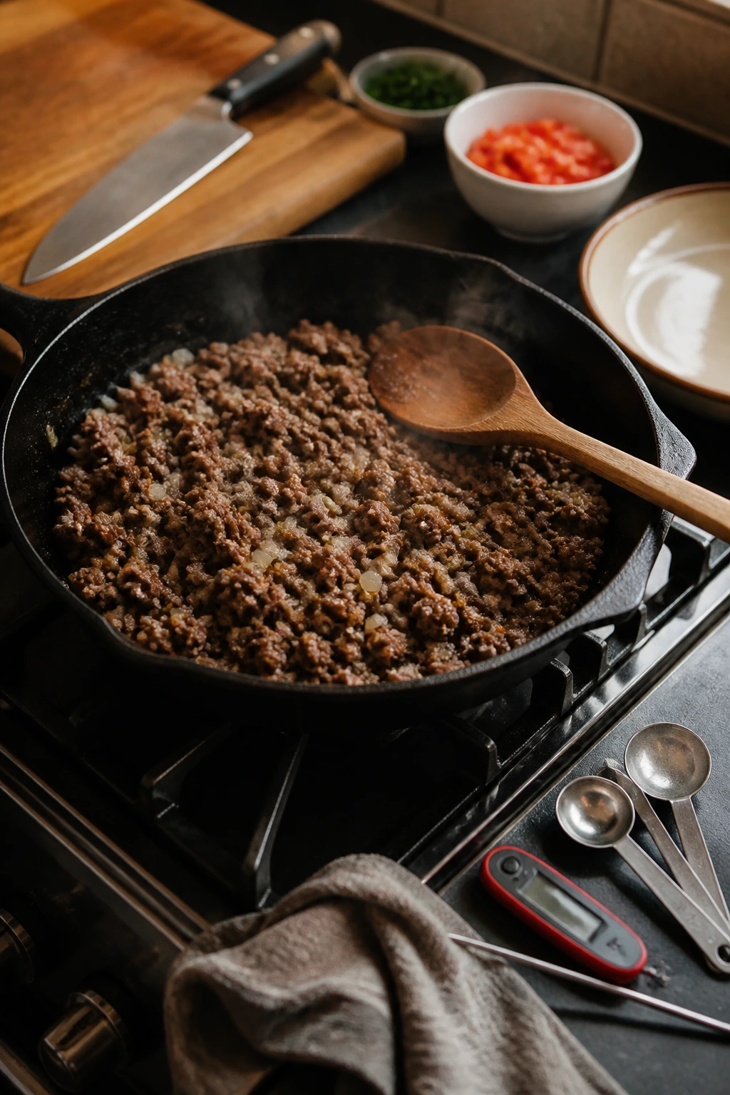 Skillet with wooden spoon and common kitchen tools arranged nearby