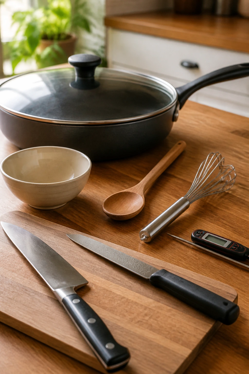 Set of kitchen tools for skillet cooking arranged on a counter