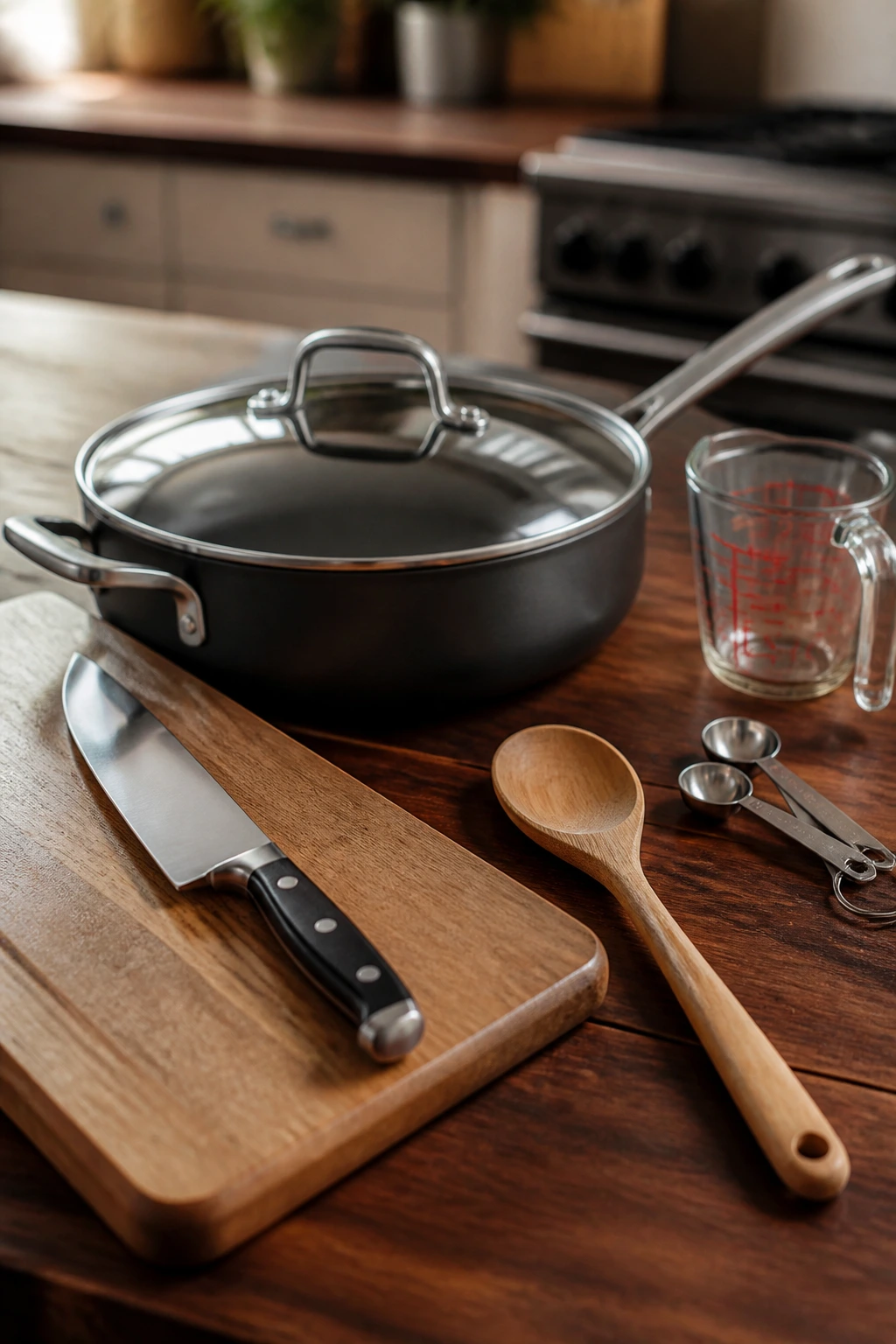 Skillet tools including spoon knife cutting board and measuring spoons