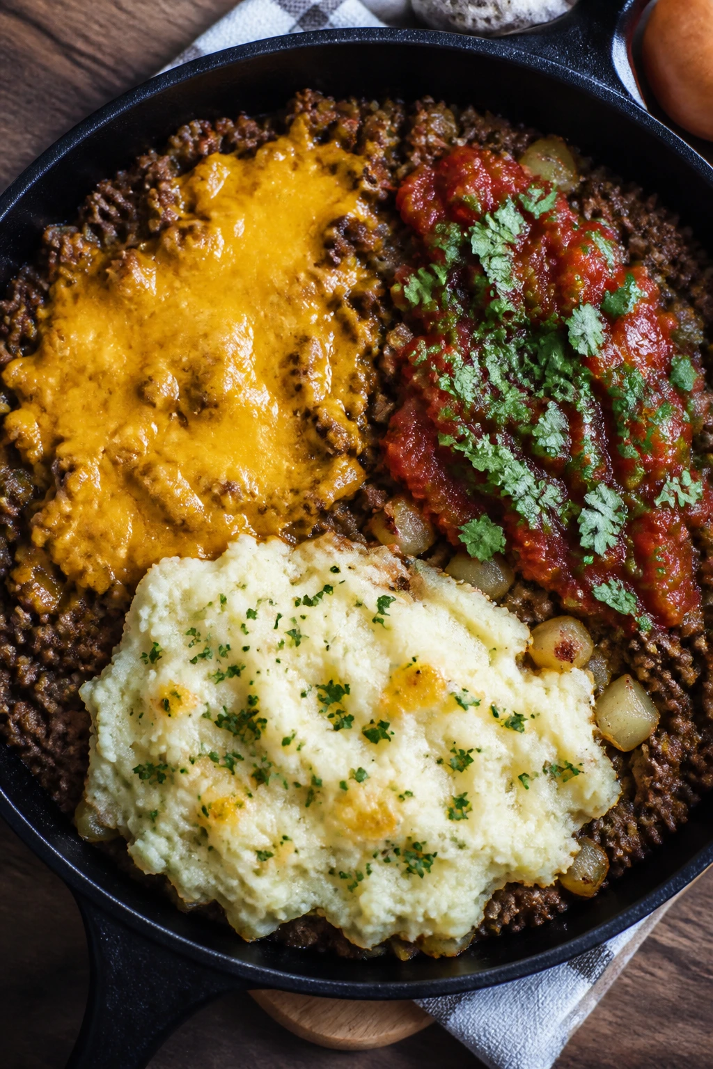 Skillet with three topping zones representing flavor variations