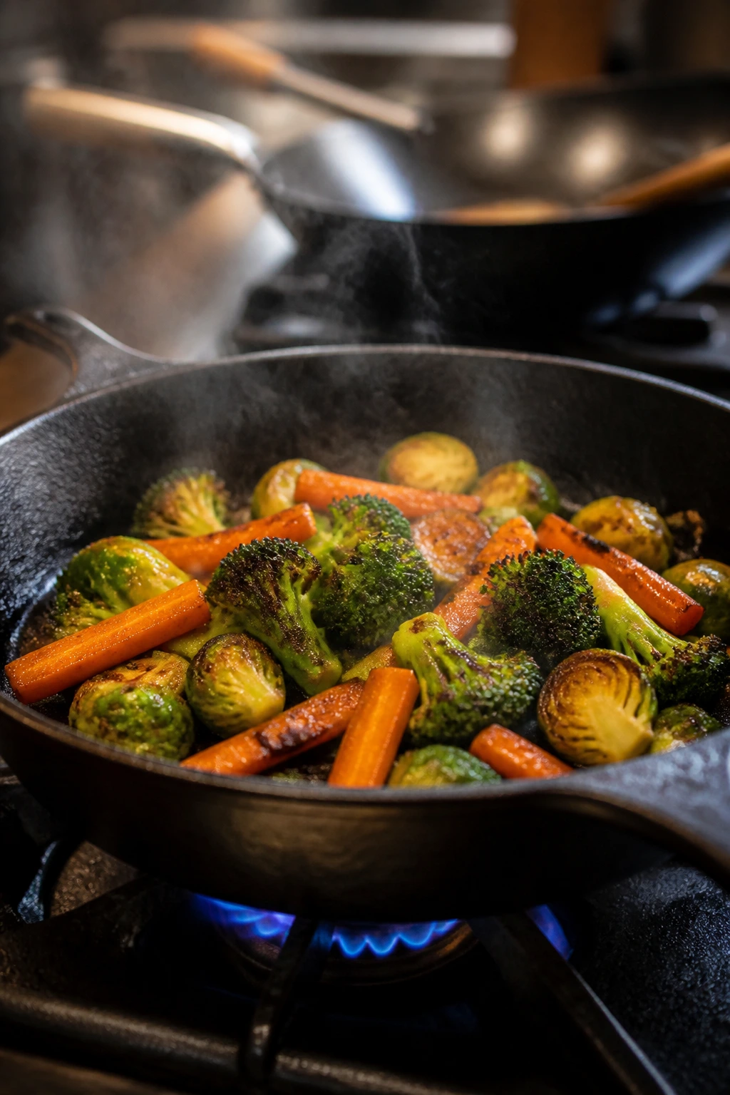 Close-up of browning vegetables in a cast-iron skillet on a stove