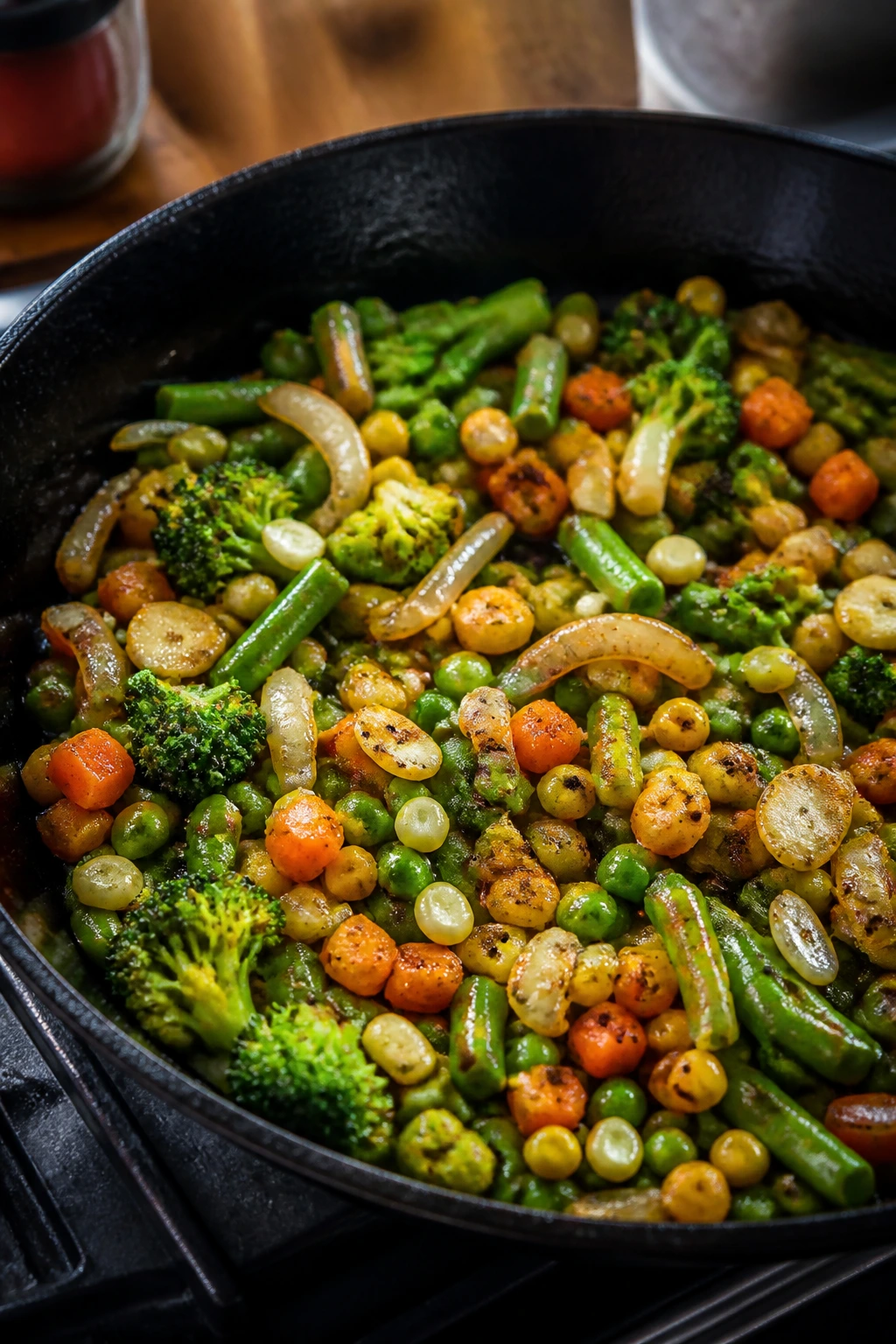 Skillet with browned vegetables and garlic caramelizing in oil