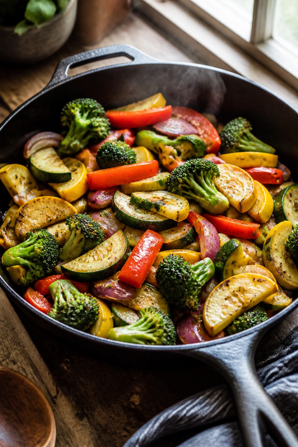 Close-up of a well-used skillet with garlicky vegetables filling the frame