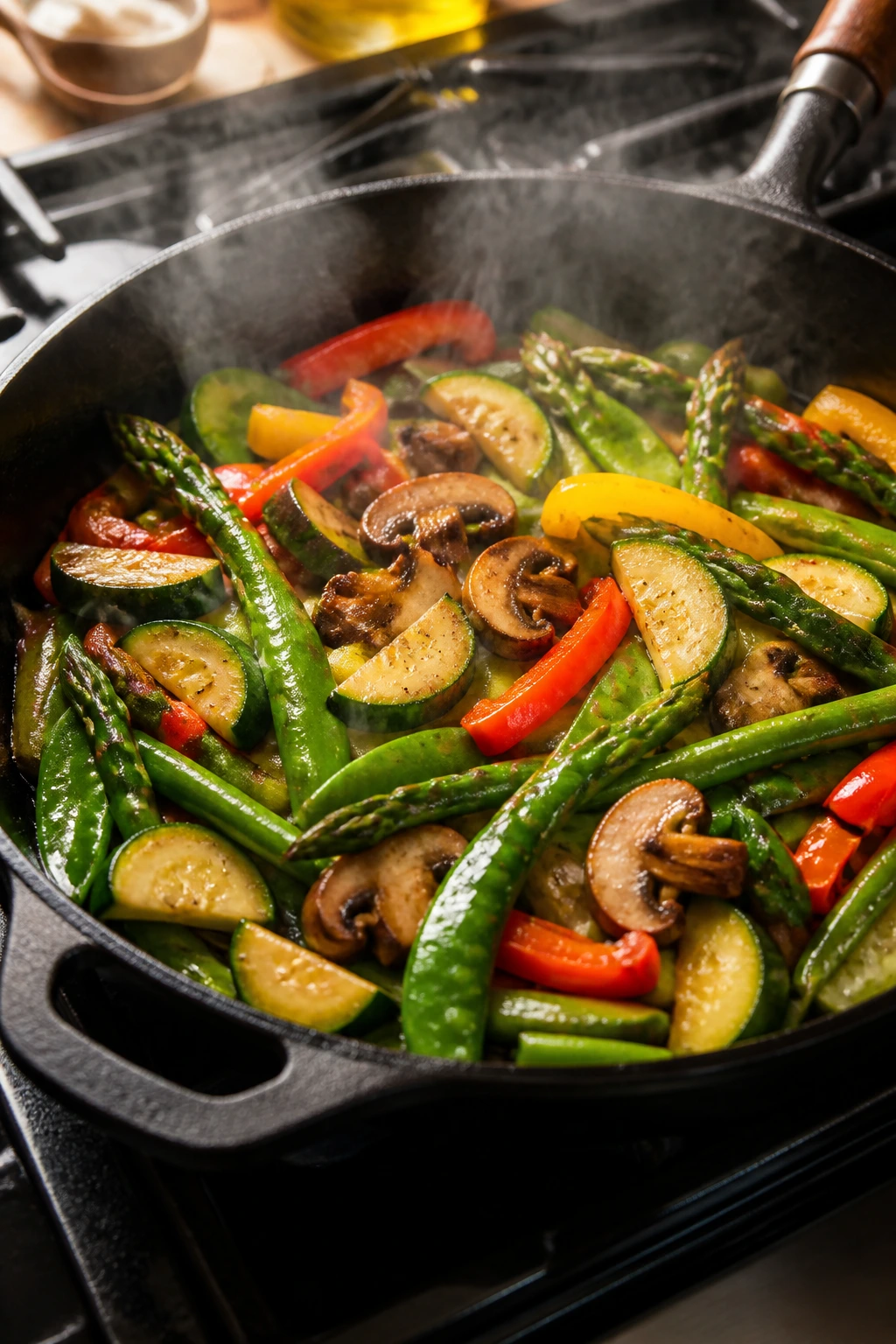 Skillet with quick-cooking vegetables browning in a hot pan