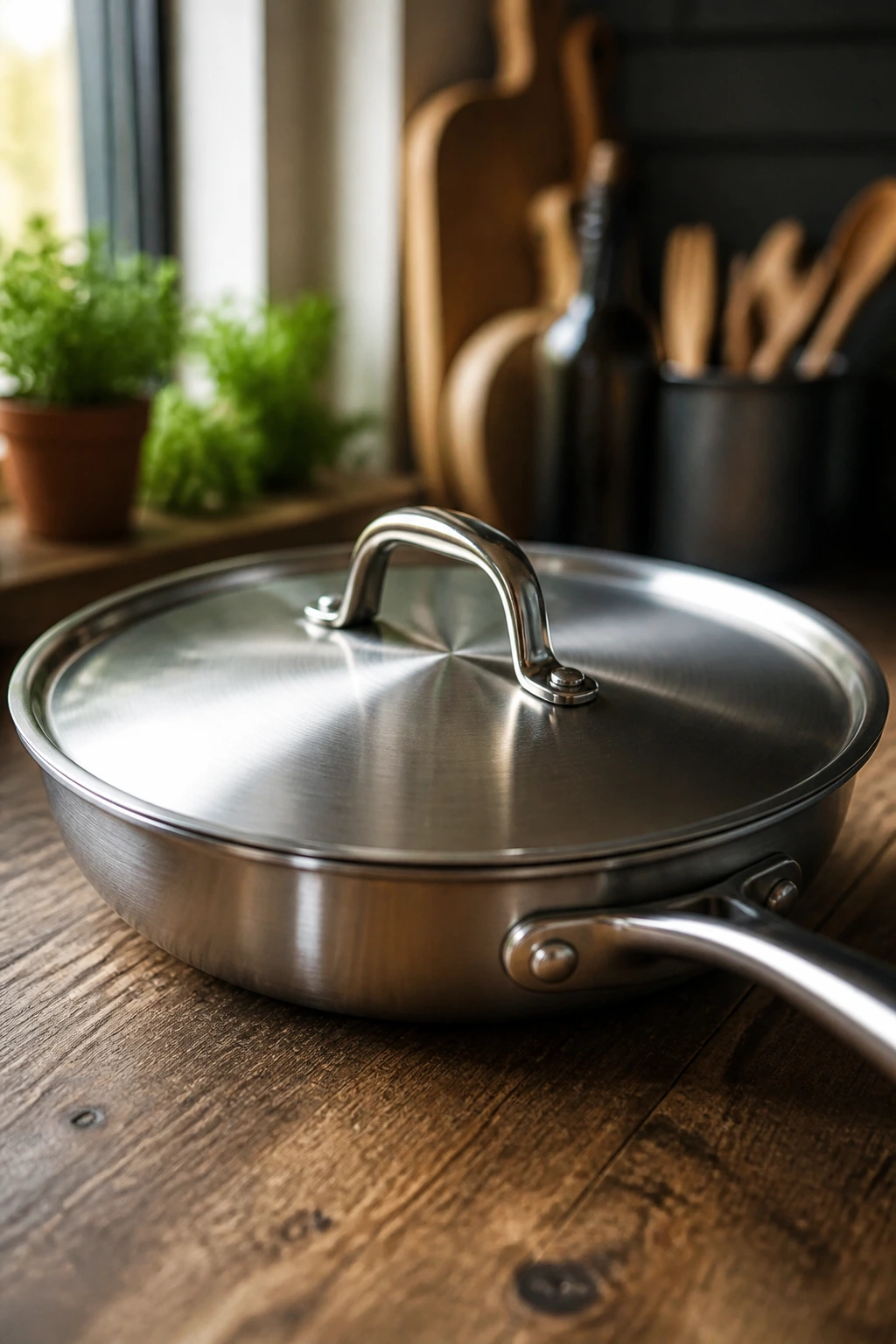 Close-up of a 12-inch skillet with lid on a wooden counter