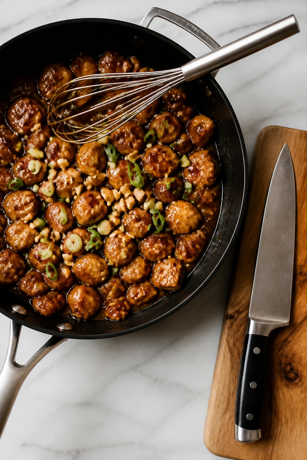 Skillet with chicken, whisk, and knife arranged in kitchen