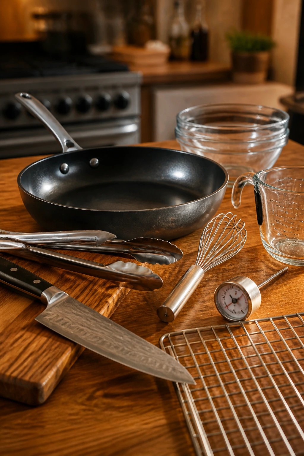 Assorted kitchen tools for cooking sweet and sour pork laid out on a wooden surface