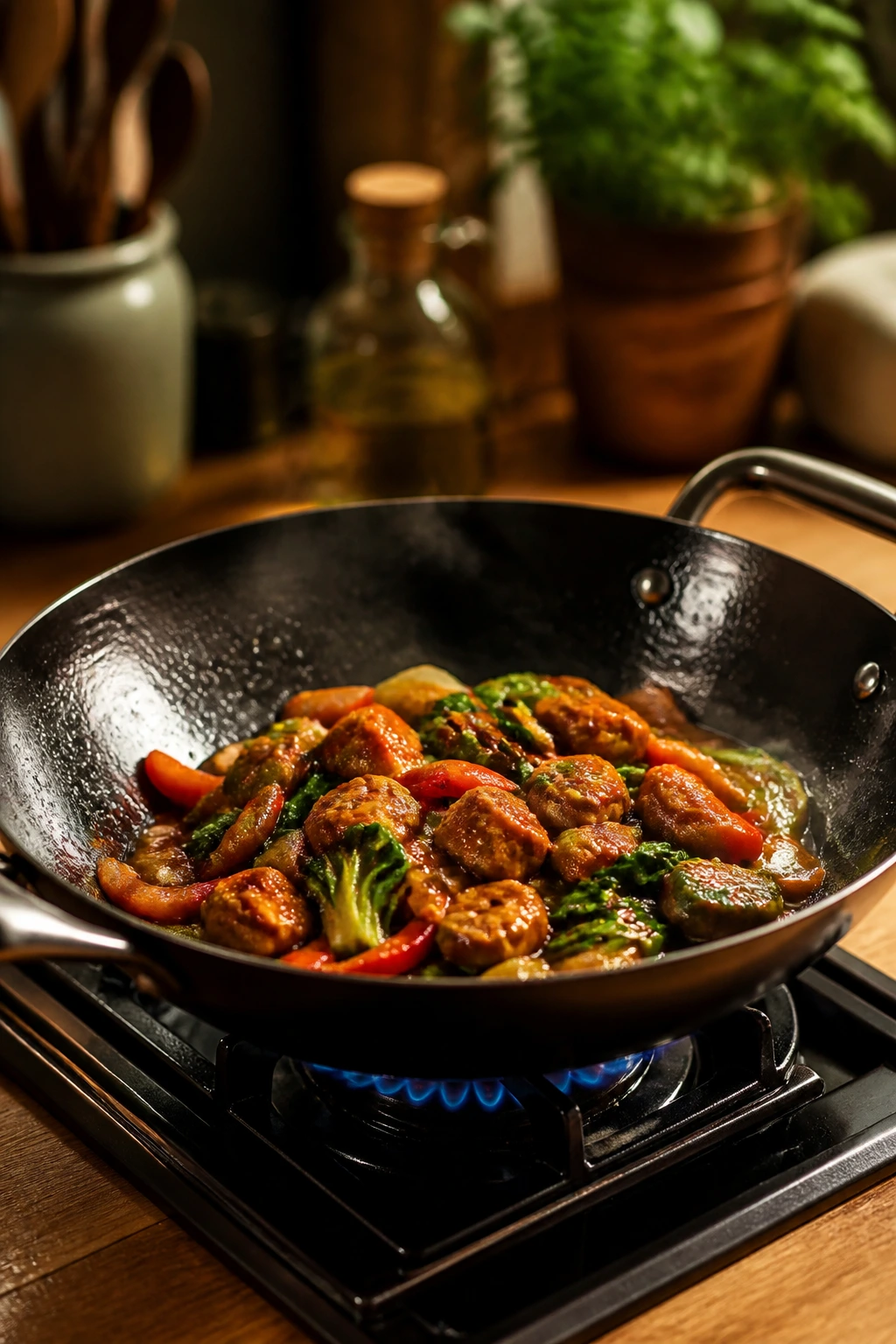 Close-up of a 12-inch skillet on a stove in a kitchen