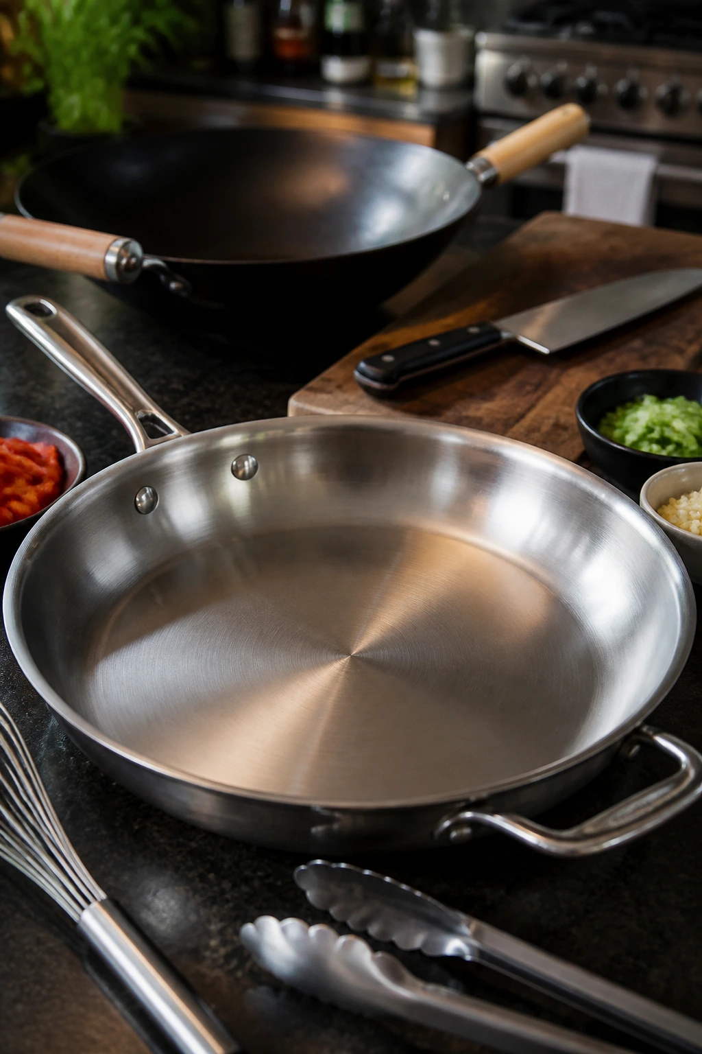 Close-up of a large skillet with a wok and essential tools in a home kitchen