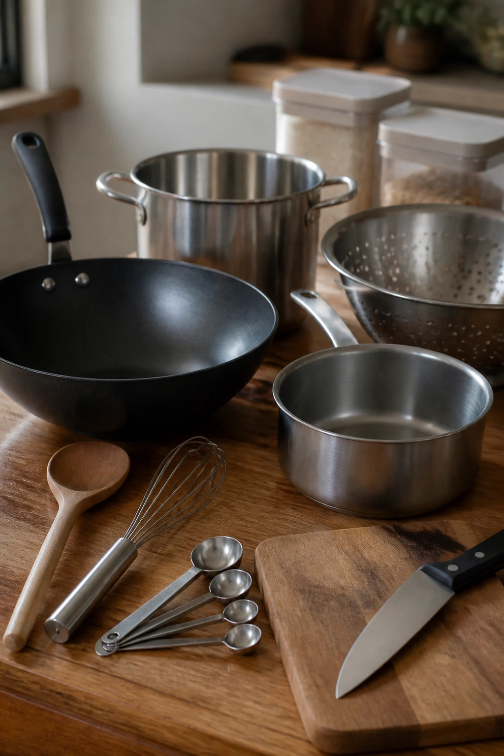 Collection of essential kitchen tools laid out on counter
