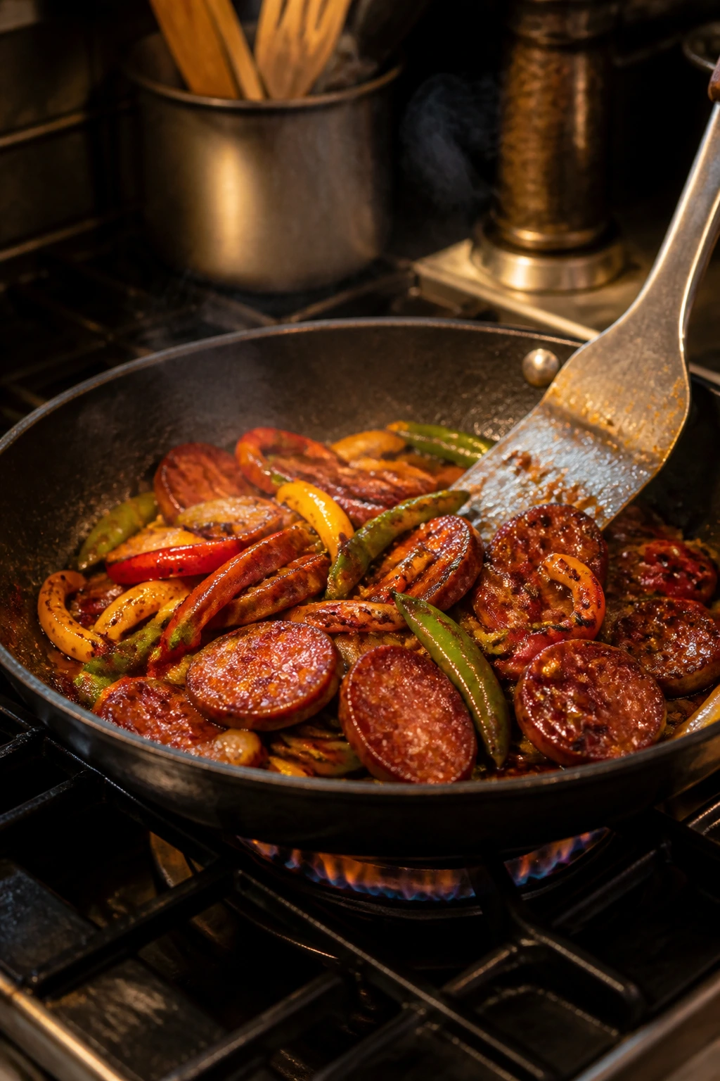 Skillet with browned sausage and vegetables showing pan, heat, and spatula
