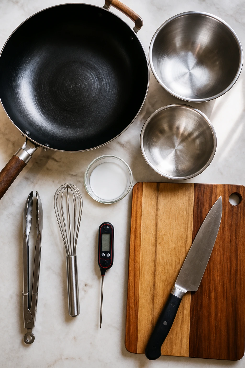 Kitchen tools for skillet method arranged on counter