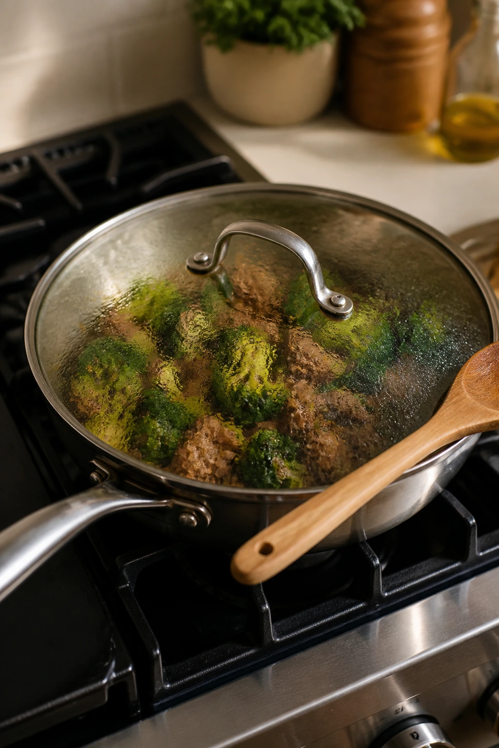 Skillet with lid and wooden spoon on stove in a kitchen