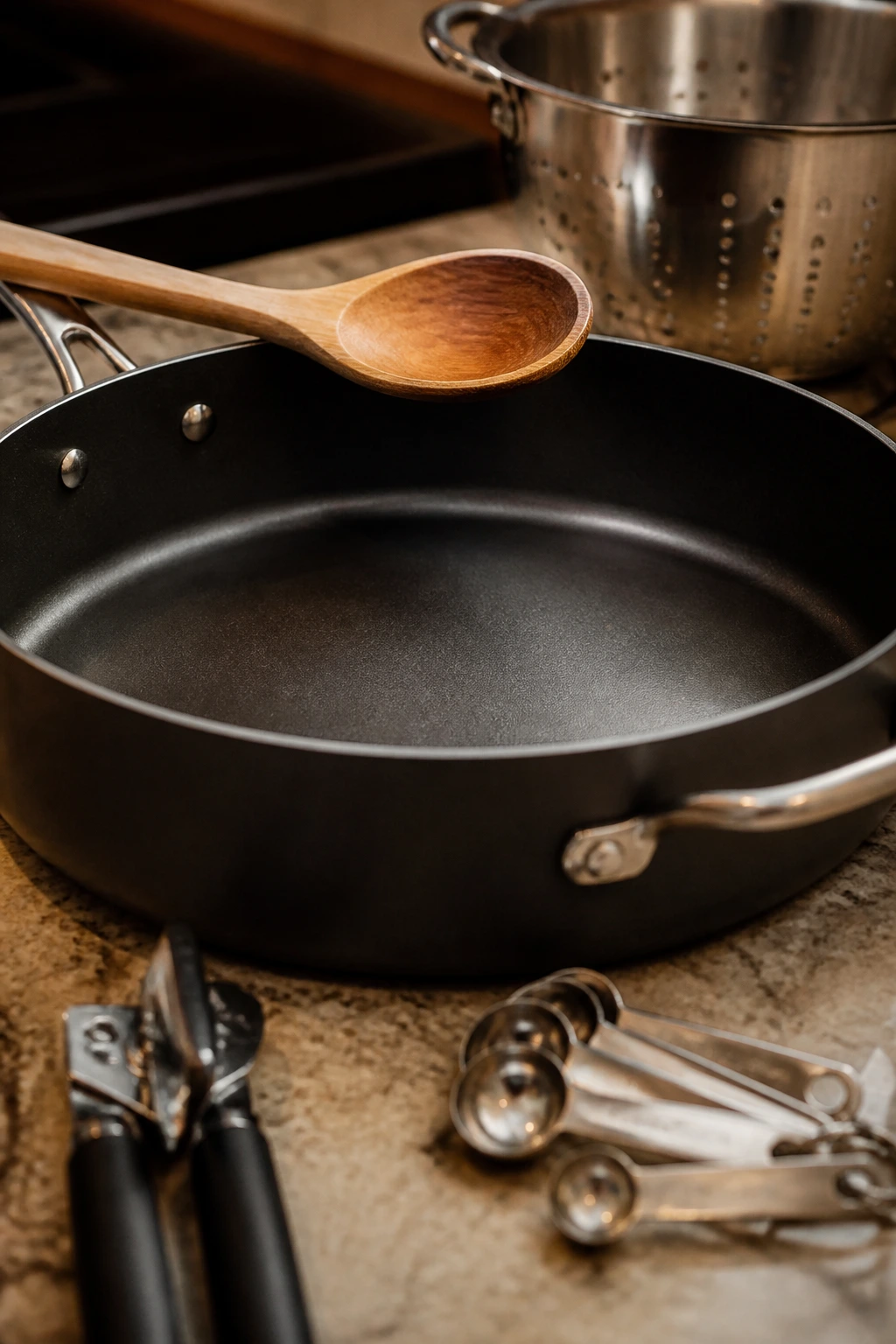 Deep skillet with wooden spoon and measuring spoons on a kitchen counter