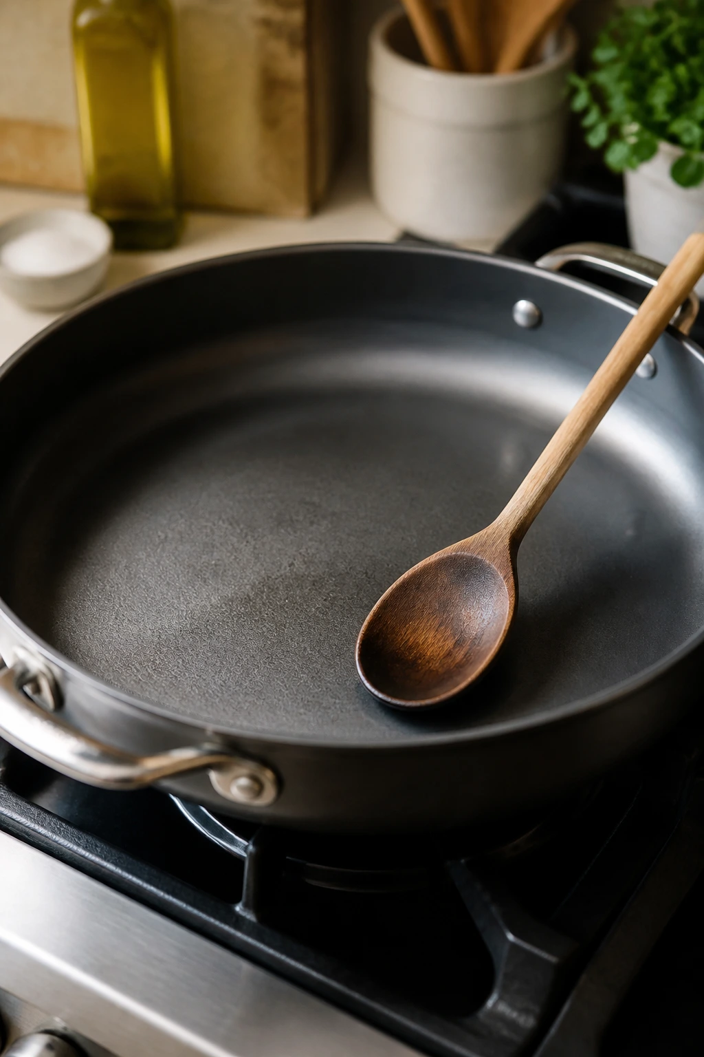 Skillet and wooden spoon on stove ready for sautéing