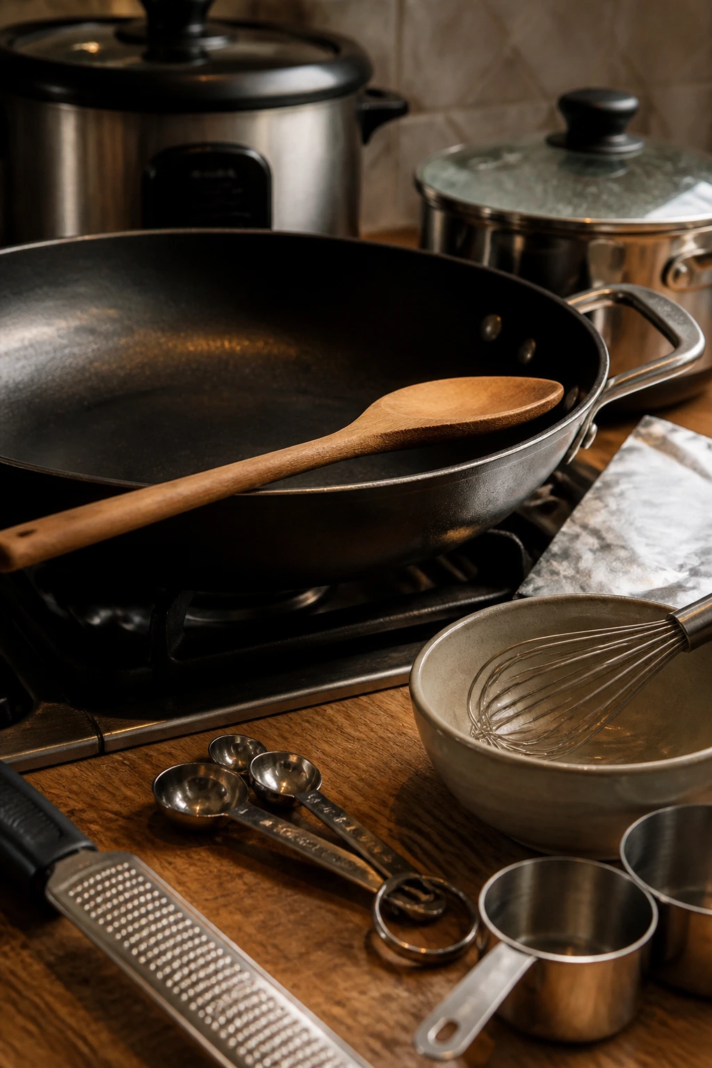 Tools for cooking sesame beef: skillet, wooden spoon, whisk