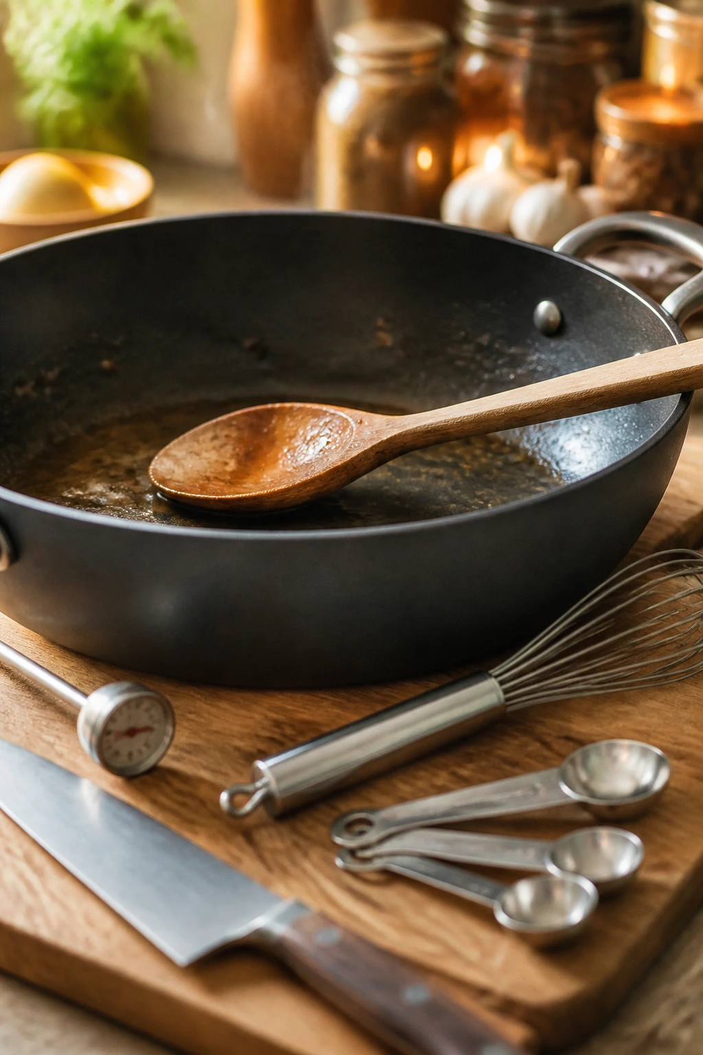 Large skillet with wooden spoon resting inside, ready for cooking