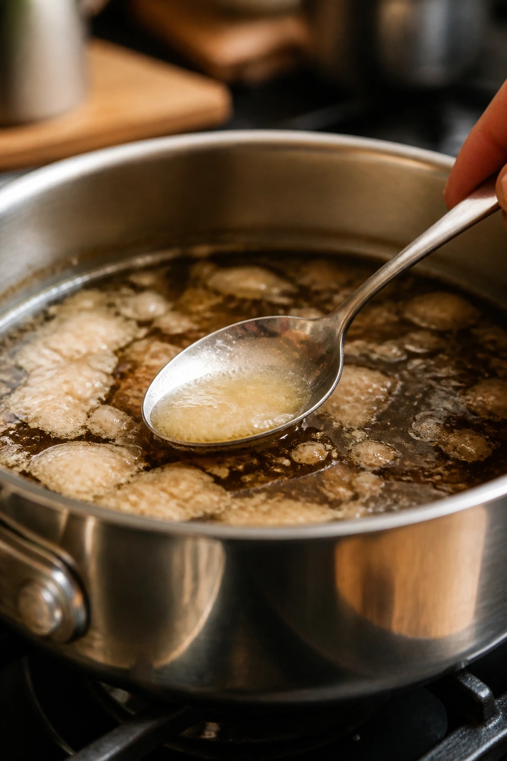 Spoon skimming fat from braising liquid on stove