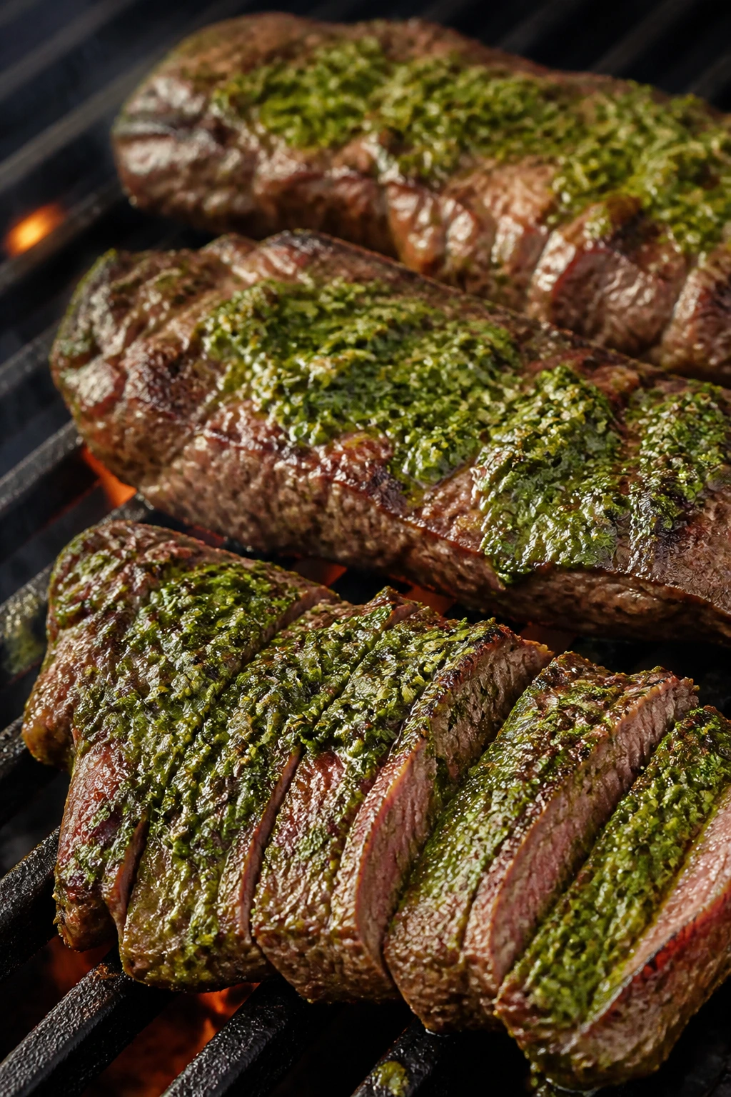 Skirt steak with bright chimichurri on a hot grill